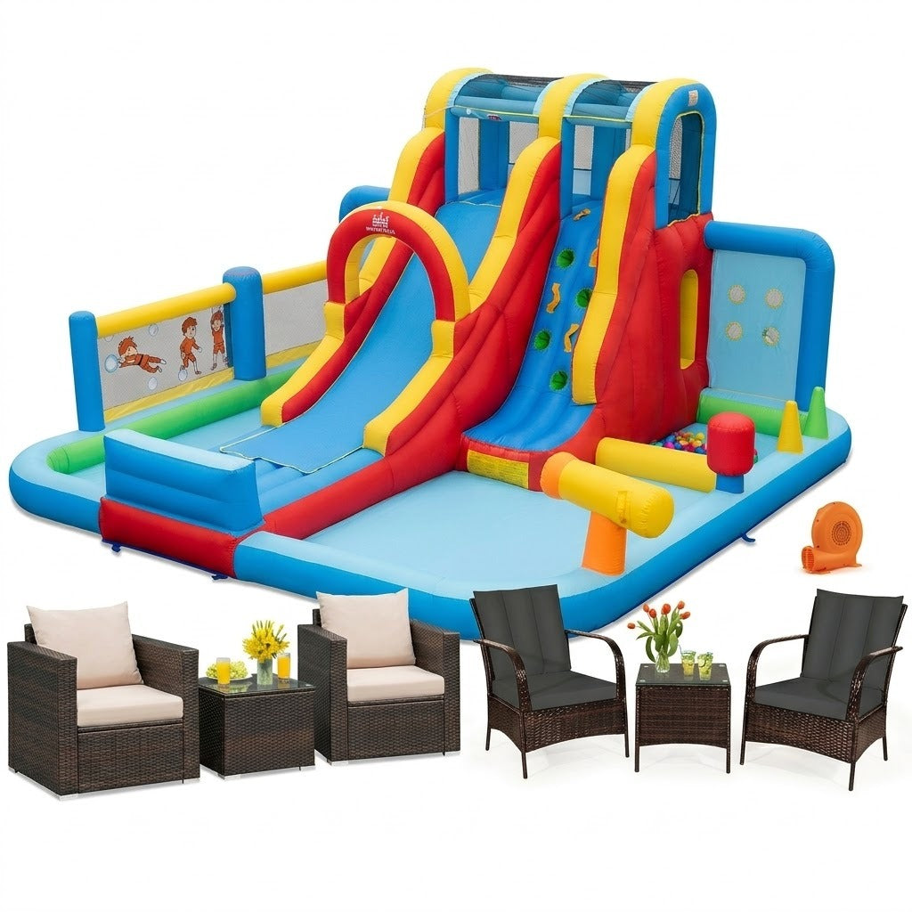 Ultimate Backyard Summer Oasis Set: 6-Pc Patio Rattan Furniture Inflatable Water Slide Park with 680W Blower