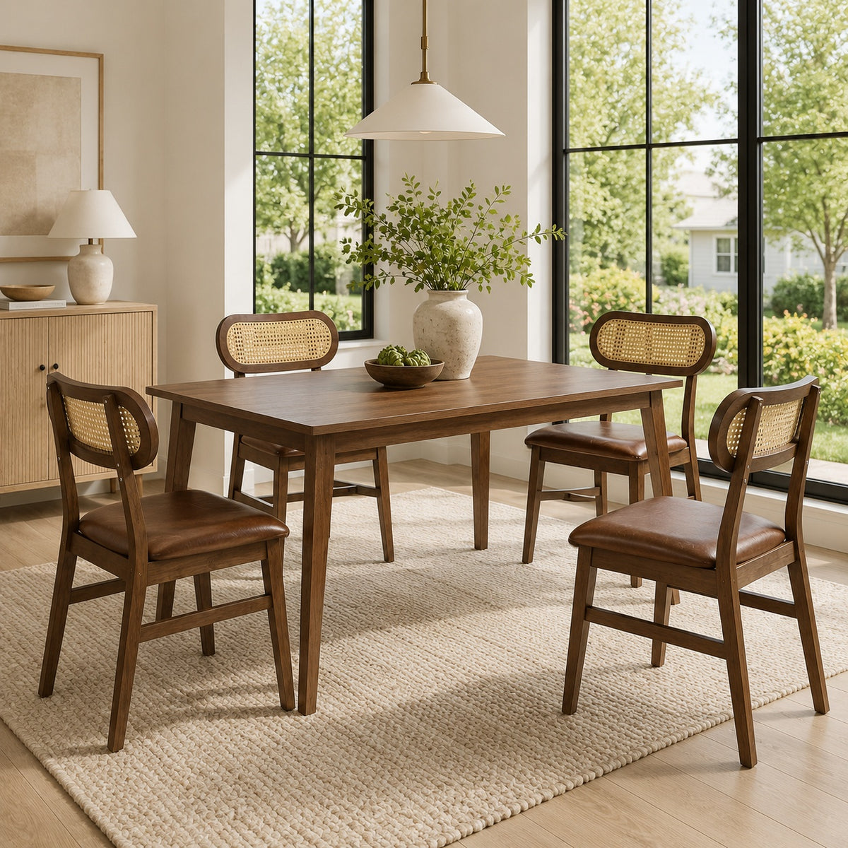 48 Inch Dining Table Set for 4 with Rattan Chairs Mid Century Kitchen Table and Chairs Set for Dining Room