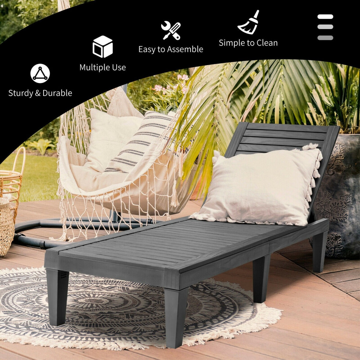 Set of 2 Outdoor Chaise Lounge Chair with 5 Positions Adjustable Backrest-Black