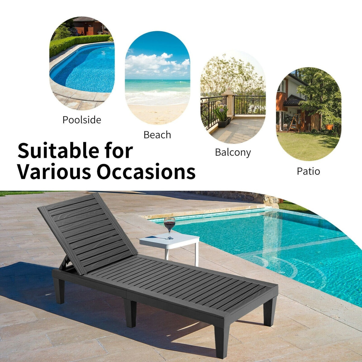 Set of 2 Outdoor Chaise Lounge Chair with 5 Positions Adjustable Backrest-Black