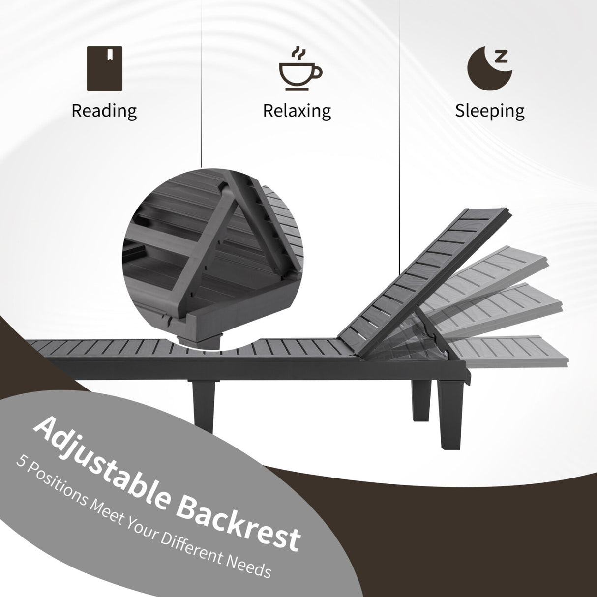 Set of 2 Outdoor Chaise Lounge Chair with 5 Positions Adjustable Backrest-Gray