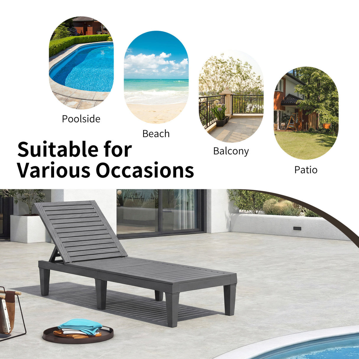 Set of 2 Outdoor Chaise Lounge Chair with 5 Positions Adjustable Backrest-Gray