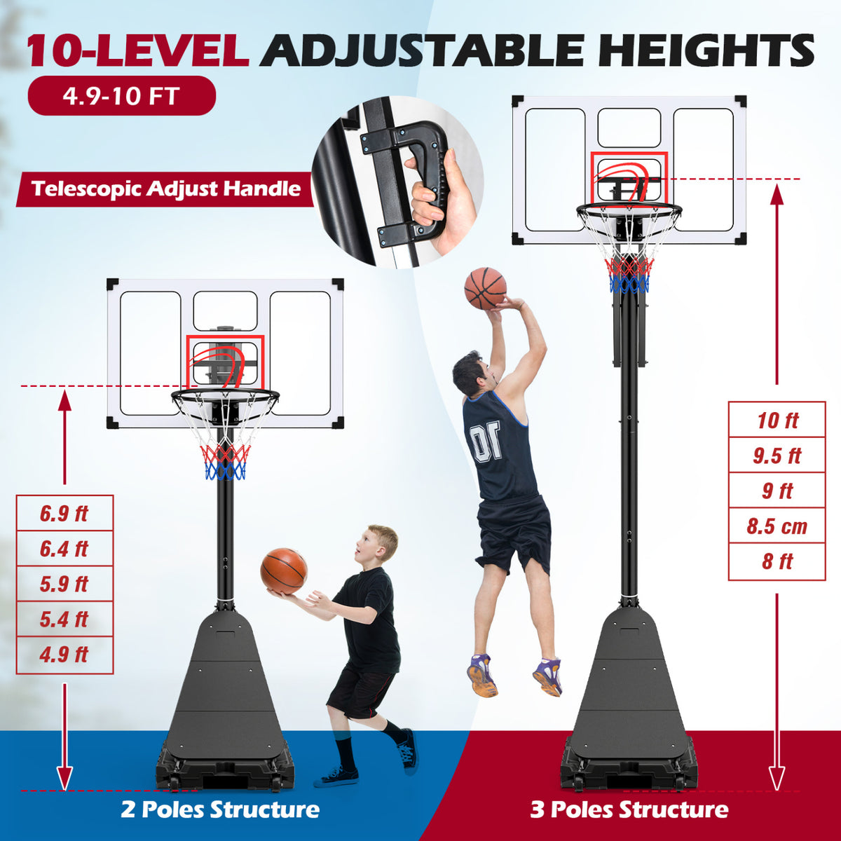 4.9-10 Feet Portable Basketball Hoop 10 Levels Adjustable with Fillable Base and Ball Storage