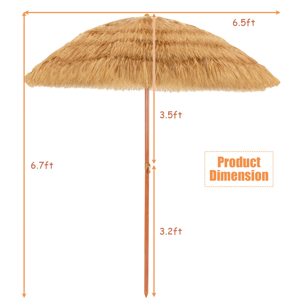 6.5 Feet Portable Thatched Tiki Beach Umbrella with Adjustable Tilt for Backyard