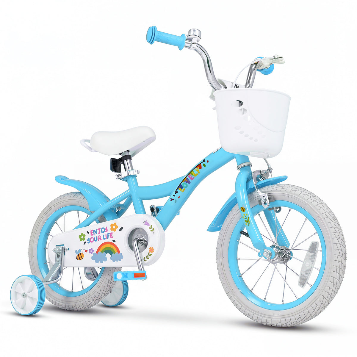14 Inches Girls Bike for 3-5 Years Old with Training Wheels and Basket - Spring Party Blue