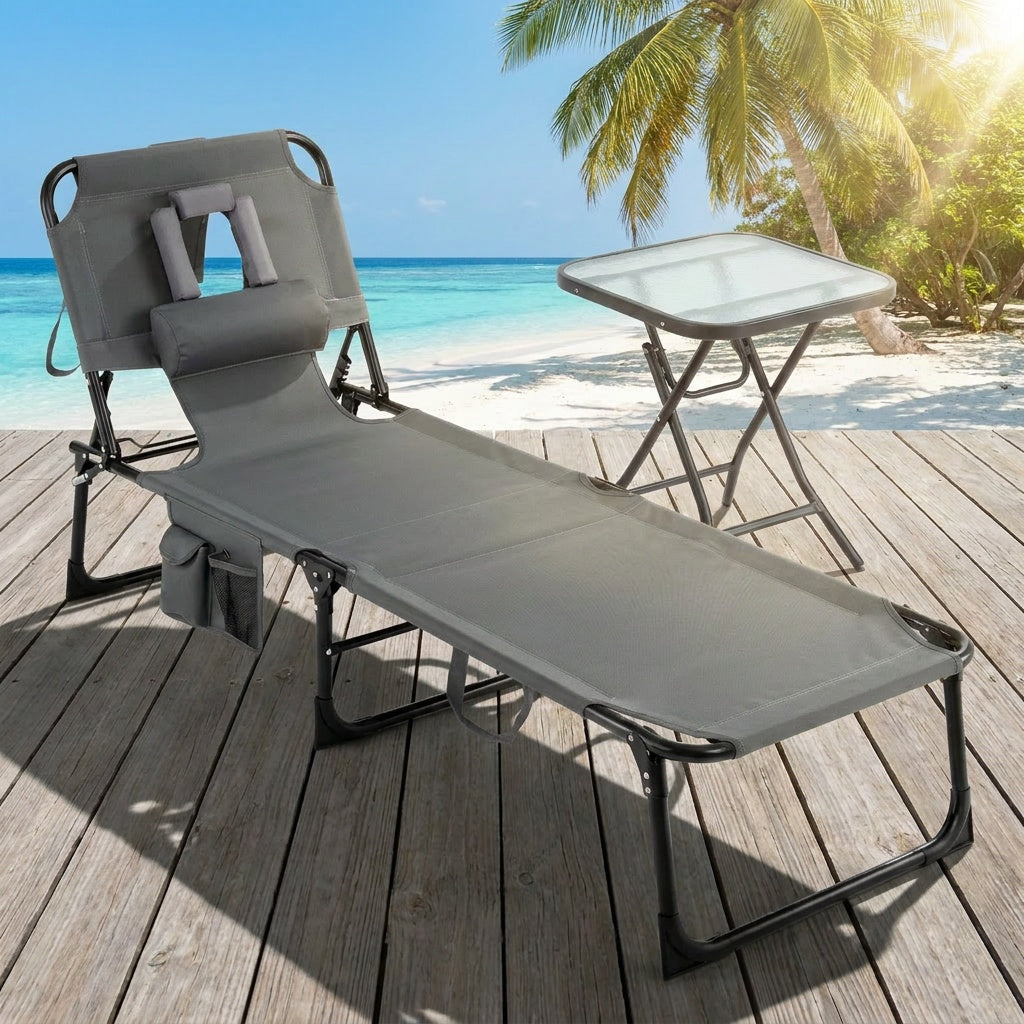 2-Piece Outdoor Tanning Chair and Patio Side Table Set with Folding Lounge Chair and Square Bistro Table