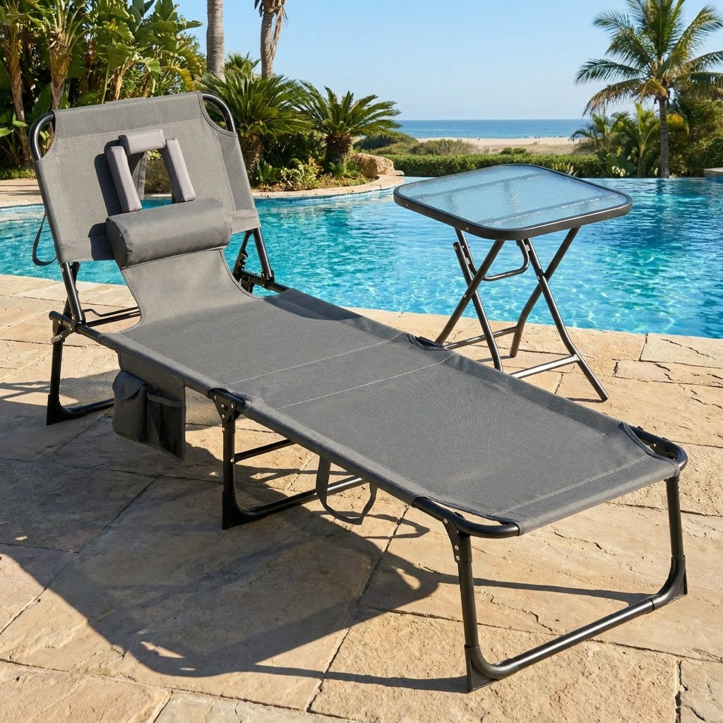2-Piece Outdoor Tanning Chair and Patio Side Table Set with Folding Lounge Chair and Square Bistro Table