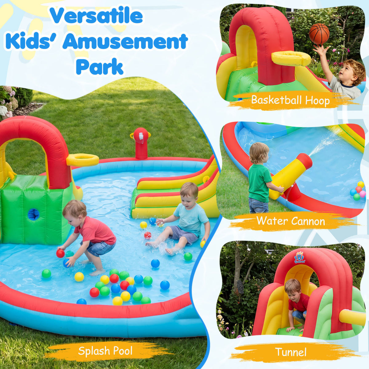 Kids Inflatable Water Park with Splash Pool and 3 Water Slides (Blower Not Included)