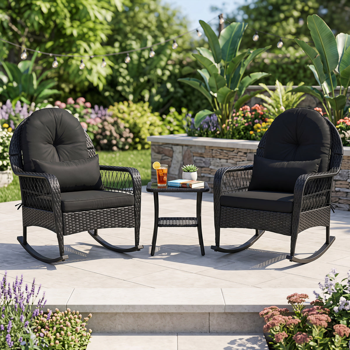 Outdoor Wicker Rocking Chair with Anti-Tip Stoppers and Thick Cushions for Porch-Black