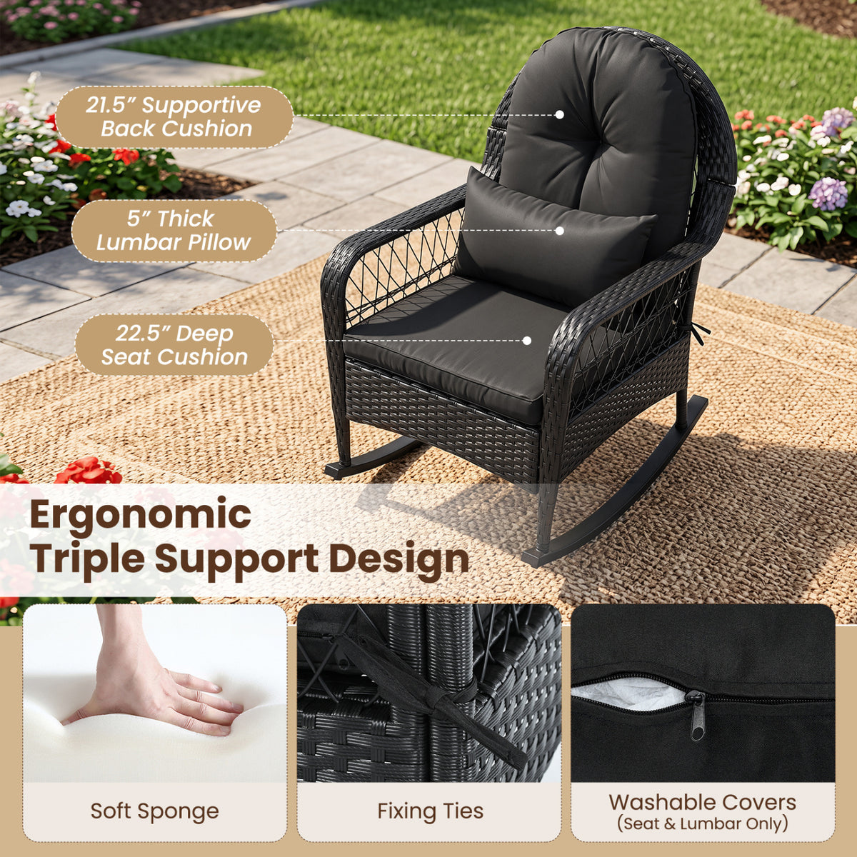 Outdoor Wicker Rocking Chair with Anti-Tip Stoppers and Thick Cushions for Porch-Black
