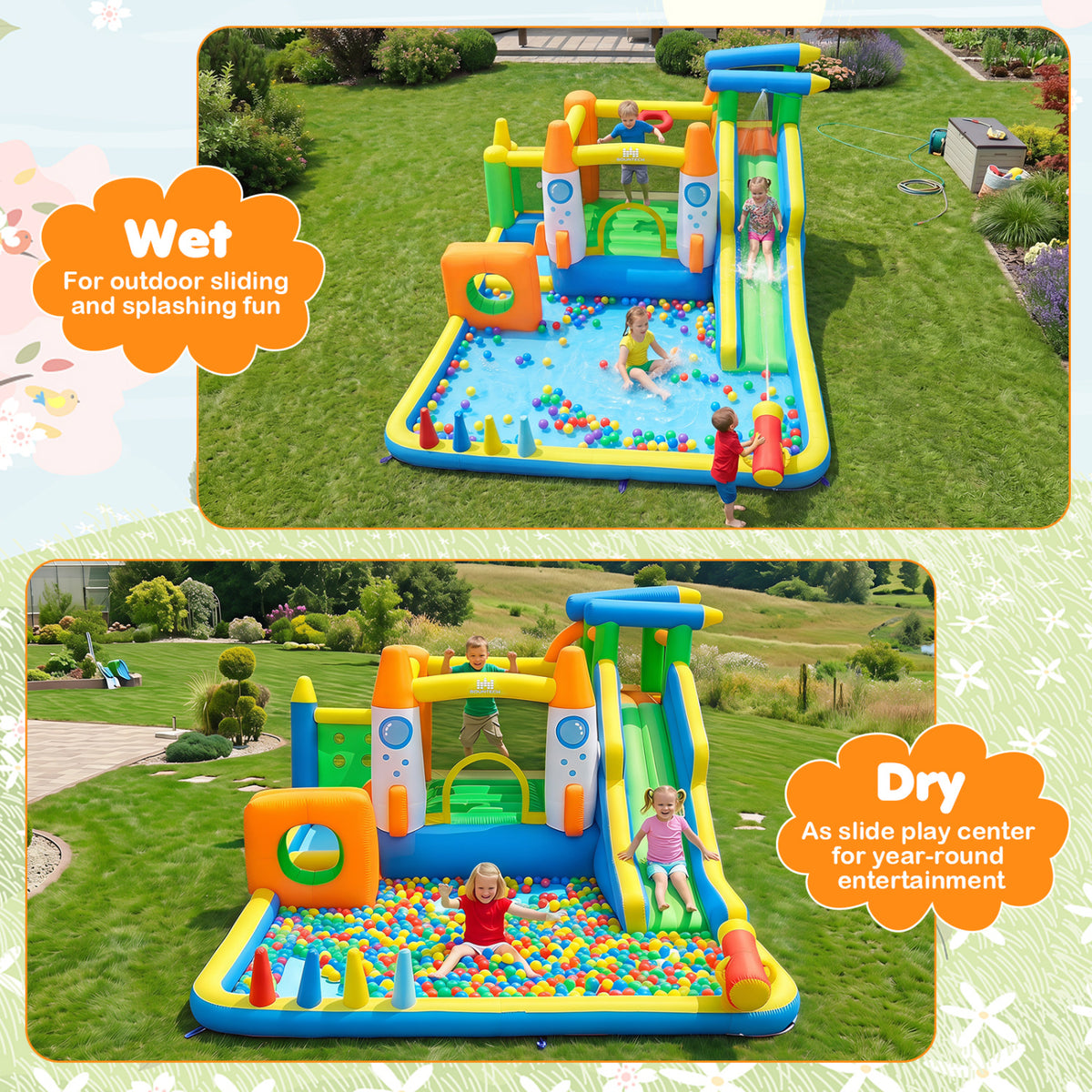 10-in-1 Inflatable Bounce House with Water Slide and 680W Blower for Kids
