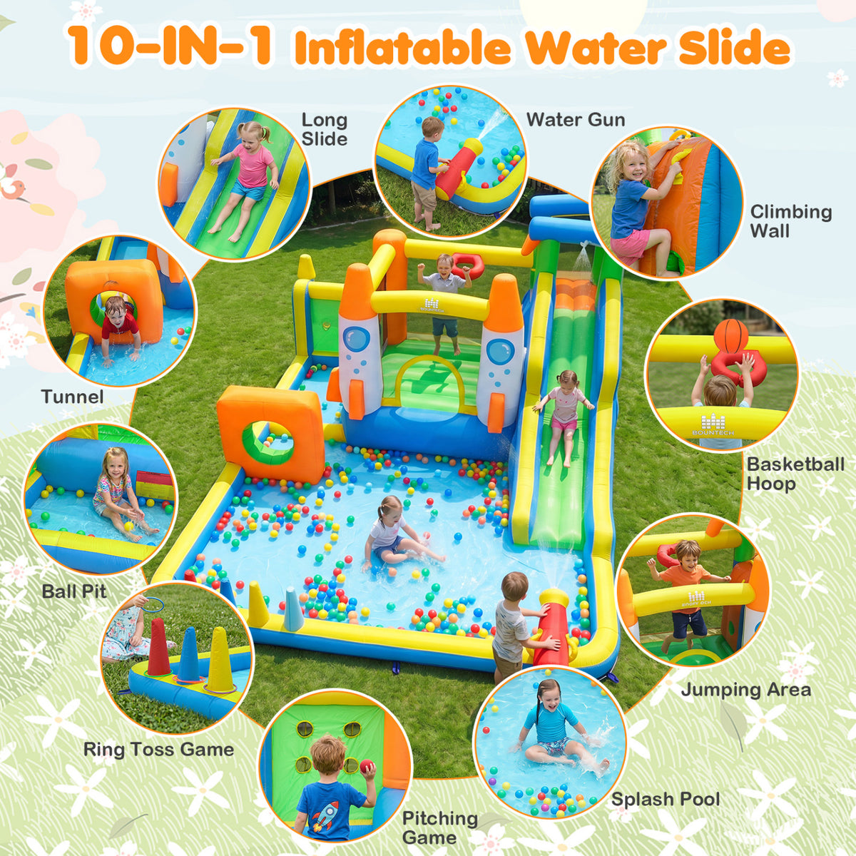 10-in-1 Inflatable Bounce House with Water Slide and 680W Blower for Kids