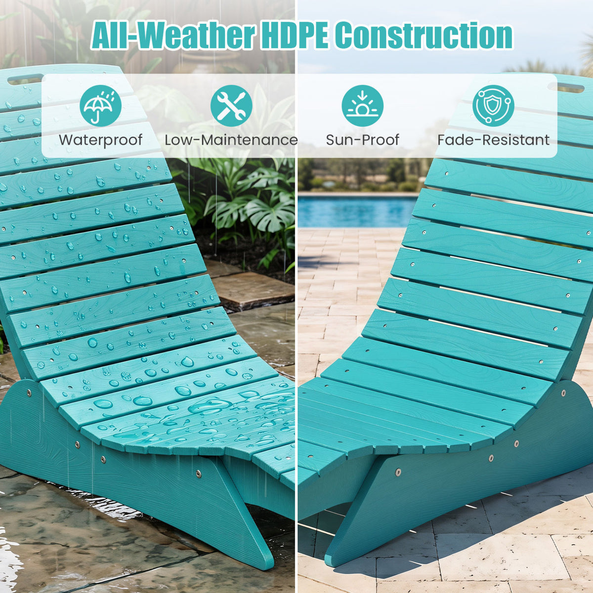 Fade-Resistant Outdoor Lounger with Contoured Shape for Deck Poolside-Turquoise
