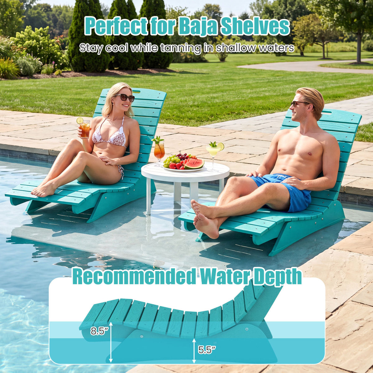 Fade-Resistant Outdoor Lounger with Contoured Shape for Deck Poolside-Turquoise