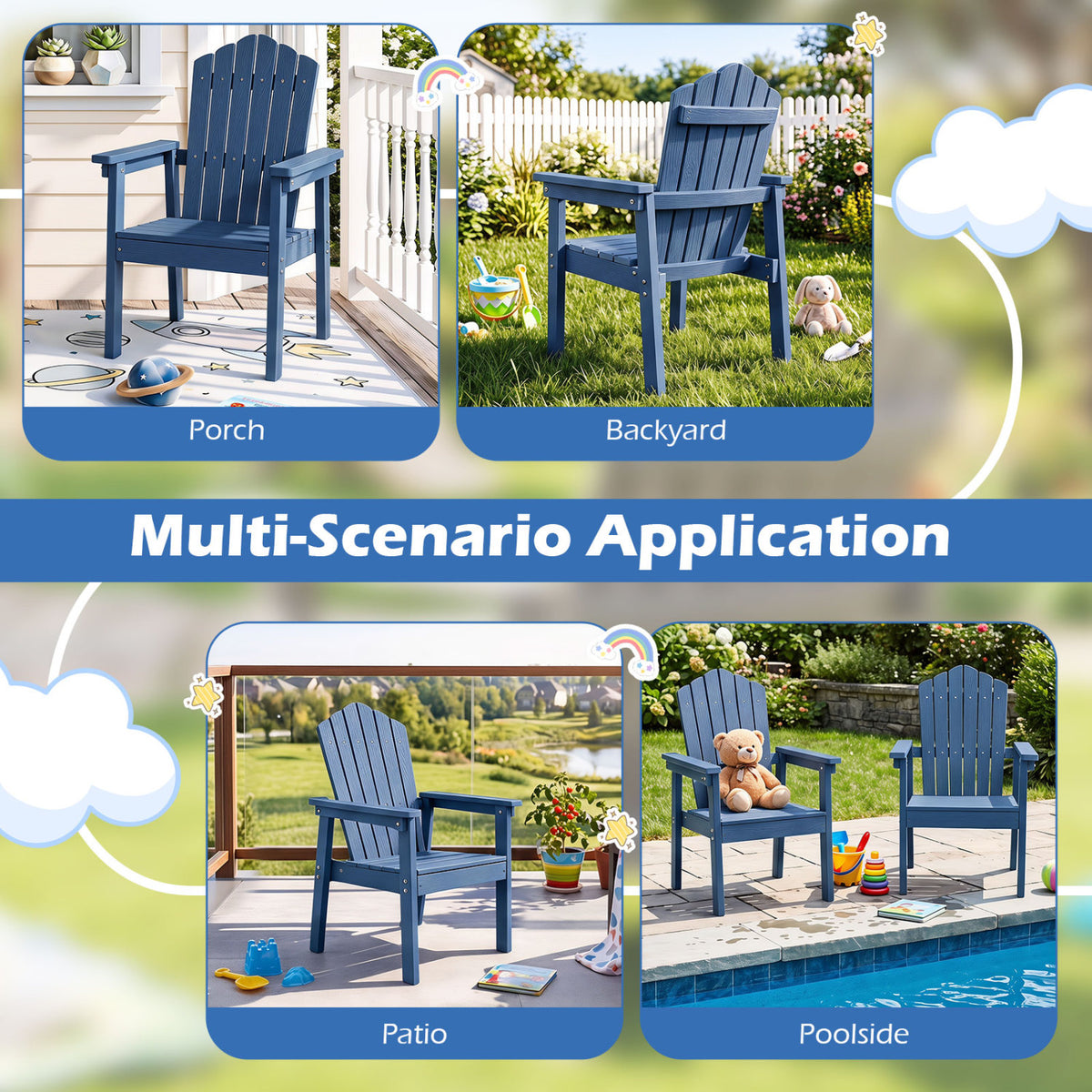 Outdoor Adirondack Chair with High Backrest and Wide Armrests for Deck Poolside-Navy
