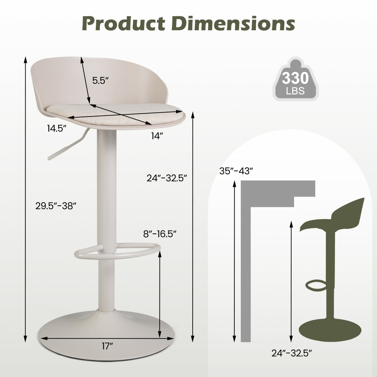 Set of 2 Adjustable Swivel Bar Stools w/ Back & Footrest 330 LBS for Dining-Cream