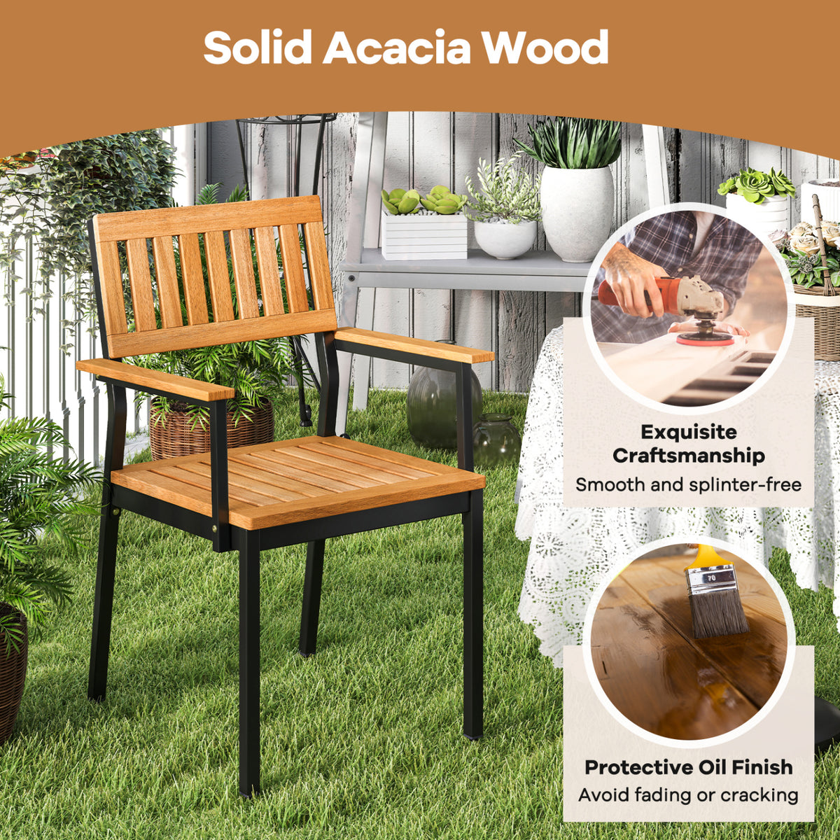7-Piece Outdoor Dining Set for 6 with Acacia Table & Armchairs and Umbrella Hole