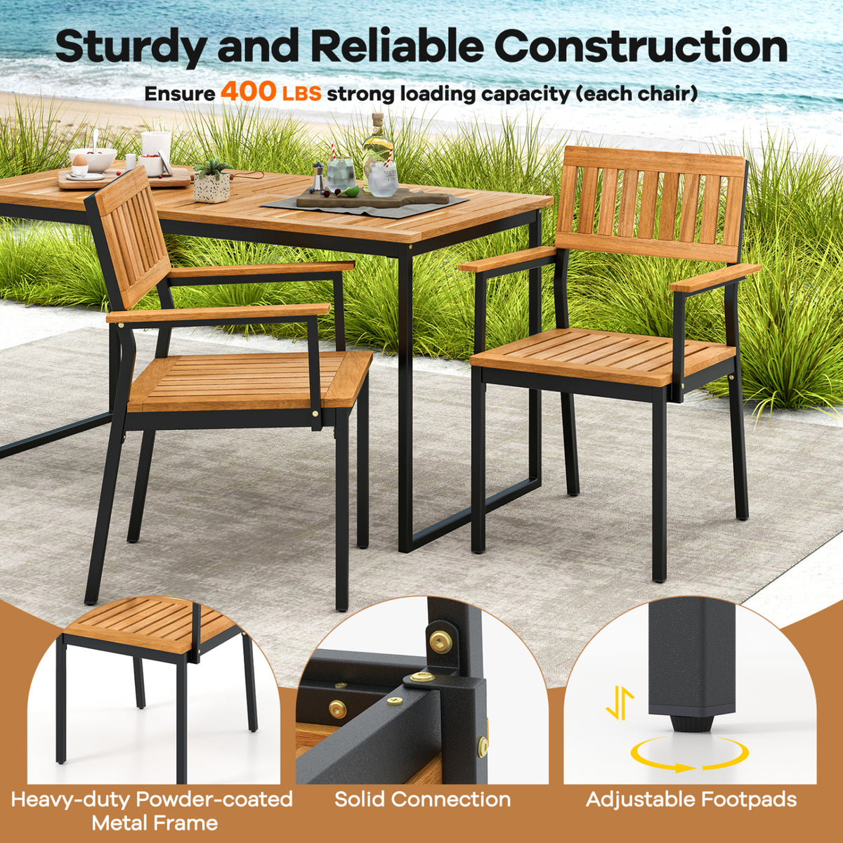 7-Piece Outdoor Dining Set for 6 with Acacia Table & Armchairs and Umbrella Hole