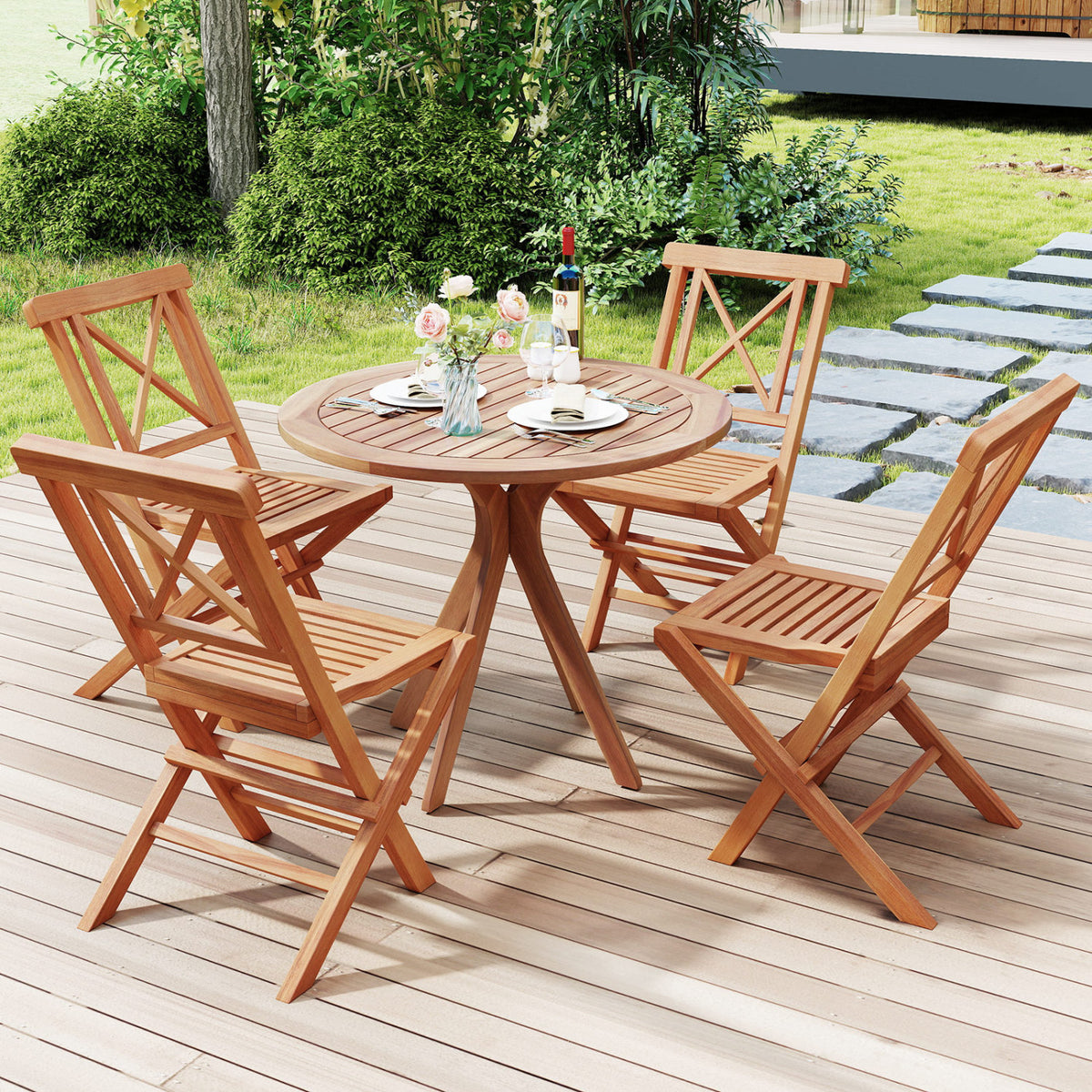 Teak Wood Folding Patio Chairs Set of 2 with Sturdy Frame & Comfort Back for Garden