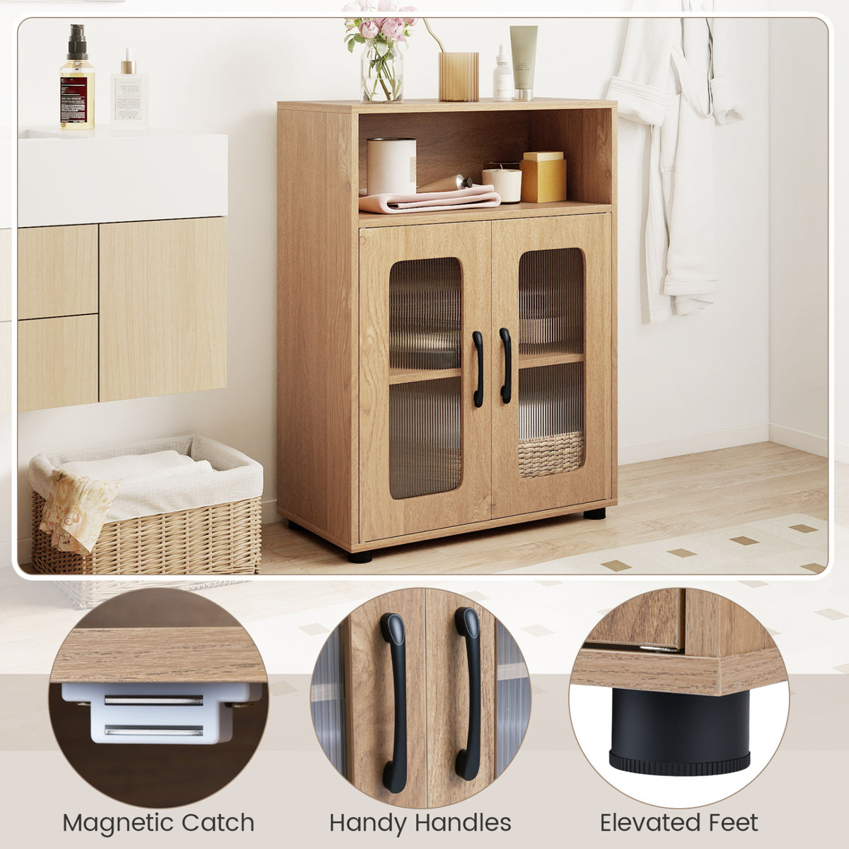 Bathroom Cabinet Set with 59 Inch Tall Cabinet and 2-Door Floor Cabinet-Natural