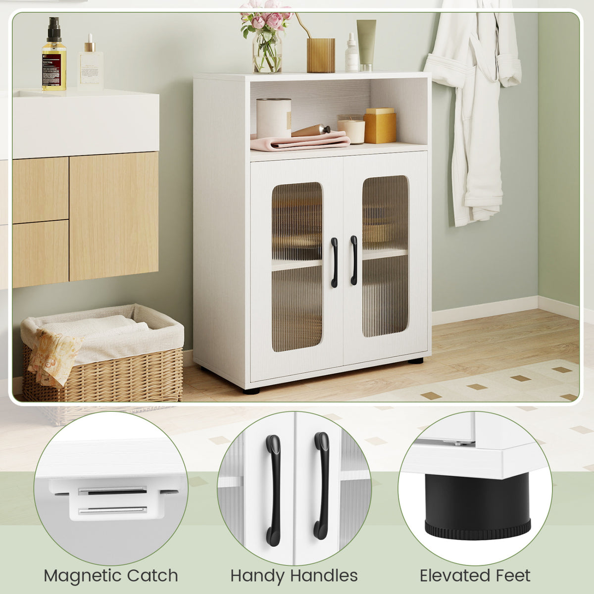 Bathroom Cabinet Set with 59 Inch Tall Cabinet and 2-Door Floor Cabinet-White