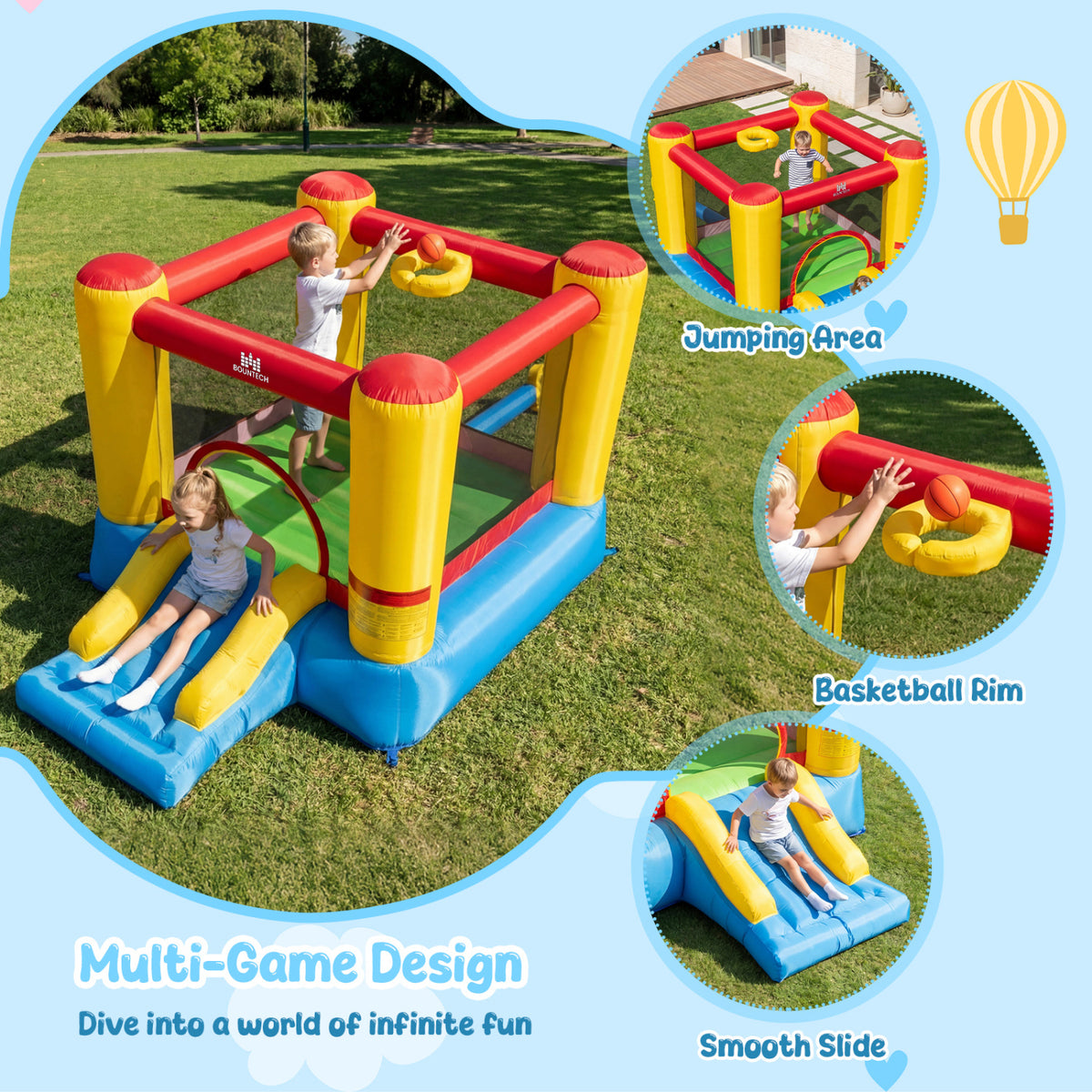 Inflatable Bounce House with Basketball Rim and 370W Blower