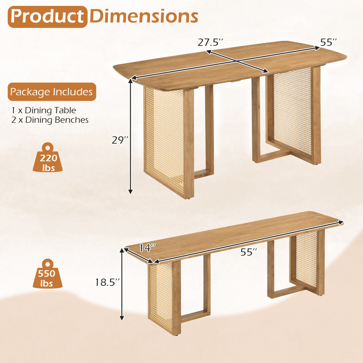 55†Solid Rubber Wood Dining Table Set Boho Rectangular Dining Table with 2 Benches-Natural