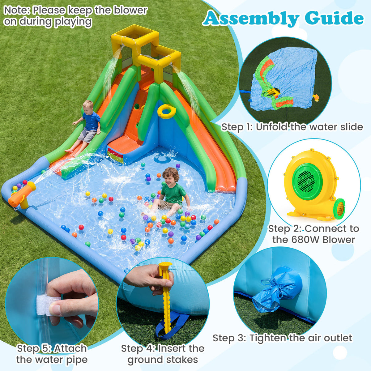 Inflatable Water Slide for Kids with Double Slides and 680W Blower