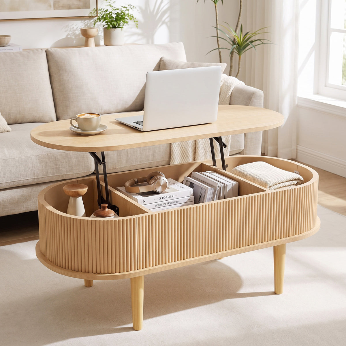 43.5" Oval Lift Top Coffee Table with Storage and Fluted Design for Living Room-Natural