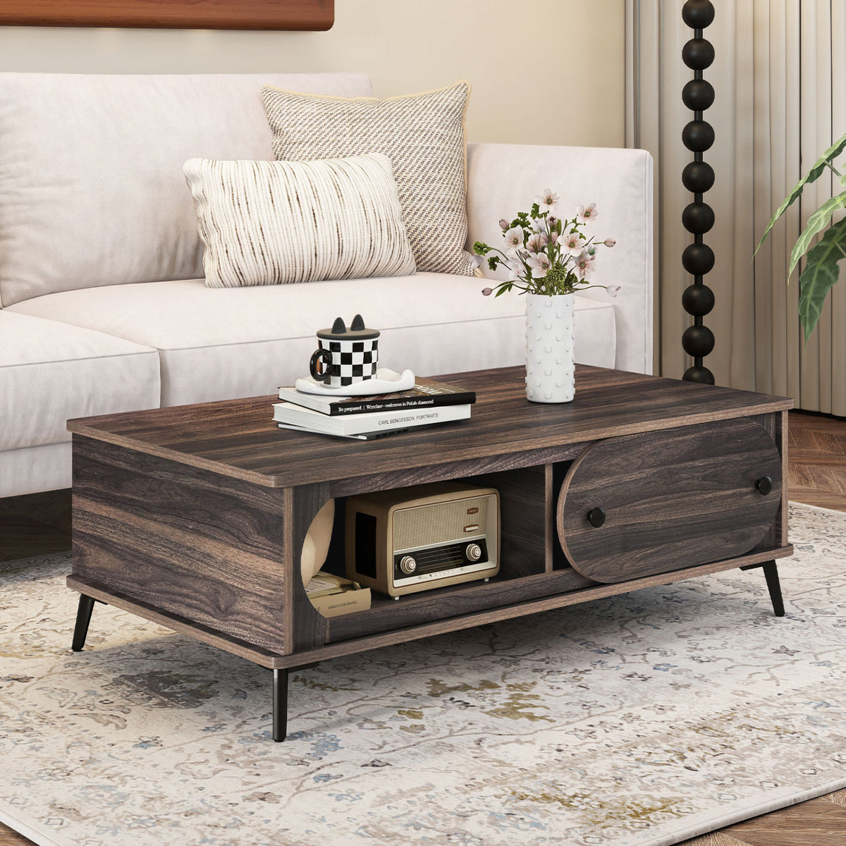 Modern Wooden Center Table with 2 Compartments and Sturdy Metal Legs for Living Room-Walnut