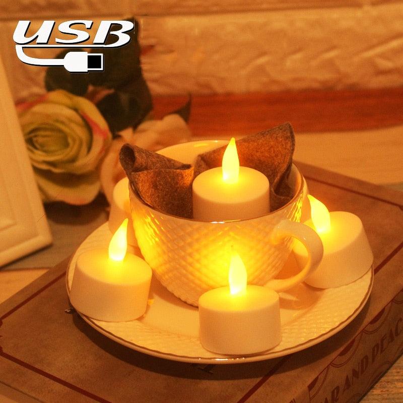 USB Charge One Piece Yellow Light LED Rechargeable Flameless Tea Light Candle With USB Flameless Flickering Candles Tea lights Decoration Parties Weddings Family Dinner Outdoor Picnic Chargeable LED Battery Candles