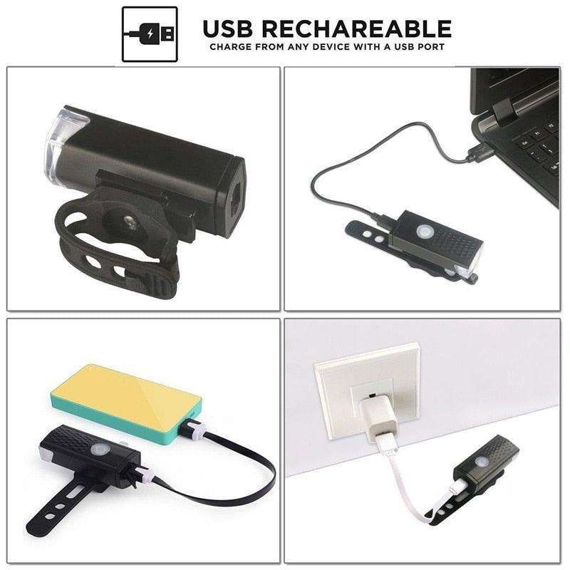 USB Rechargeable 3 Mode Bicycle Front Light Lamp Bike Headlight Cycling LED Powerful Bicycle Front Headlight Waterproof Bike Headlight End Tail Light Set 300 Lumen