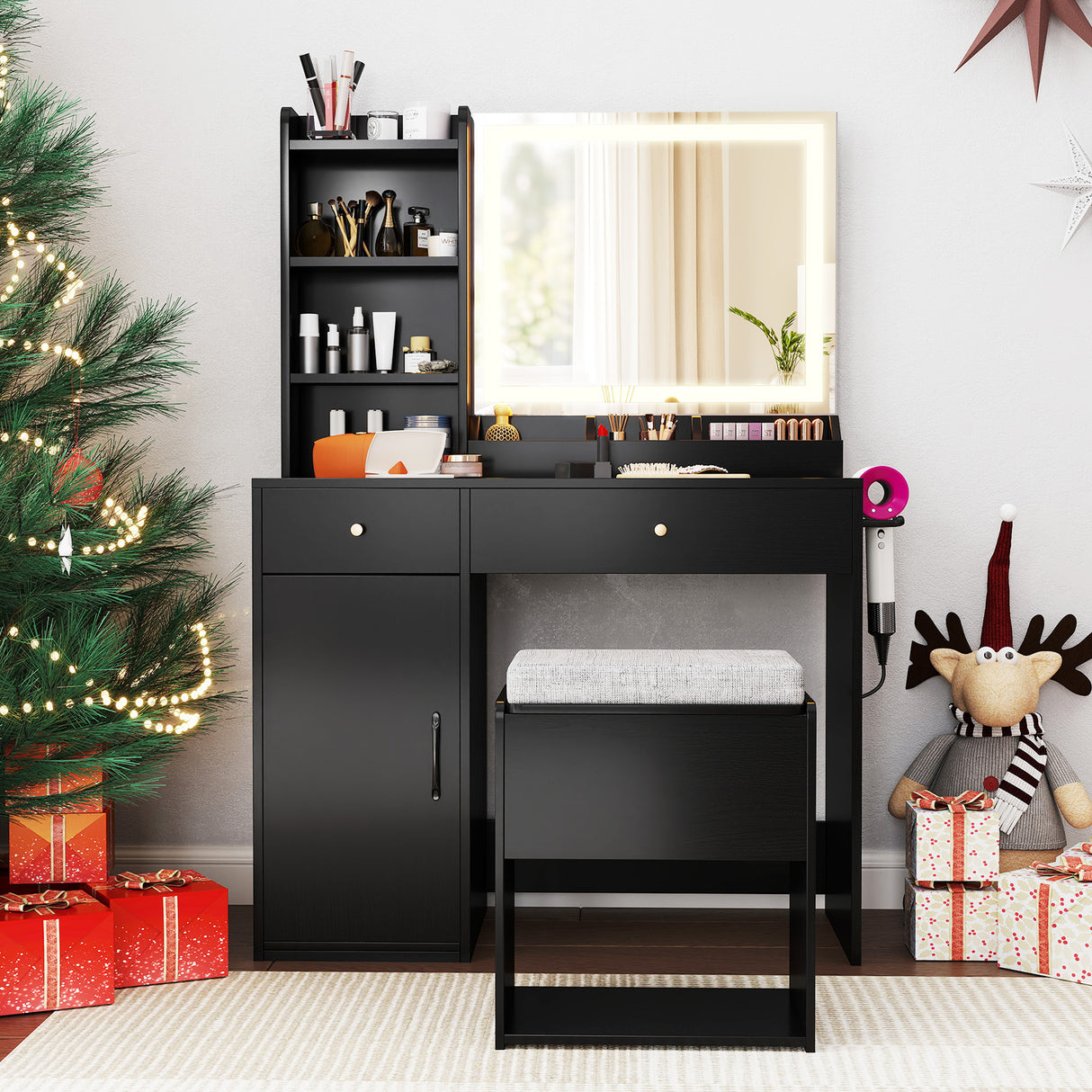 Vanity Dressing Table and Chair Set with Mirror and Lights-Black