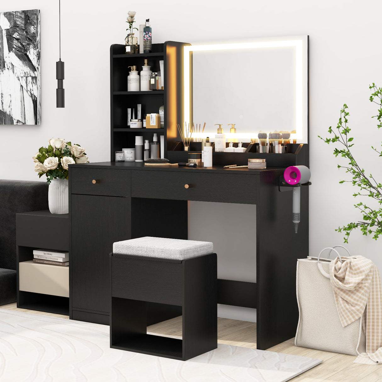 Vanity Dressing Table and Chair Set with Mirror and Lights-Black