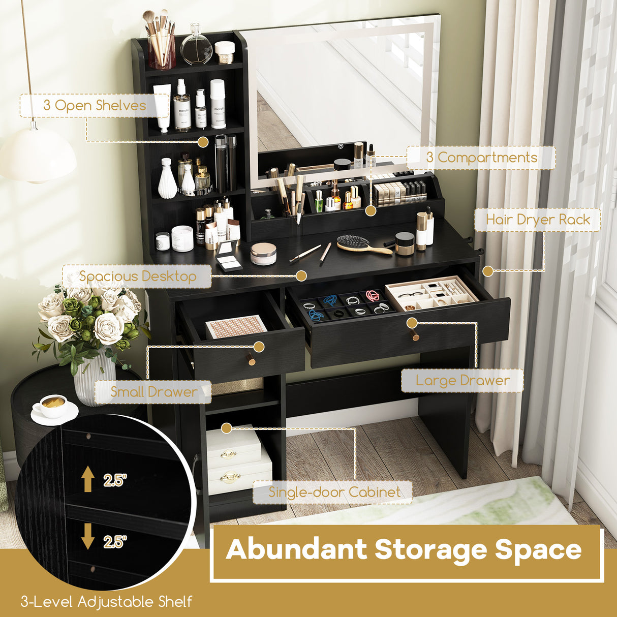 Vanity Dressing Table and Chair Set with Mirror and Lights-Black
