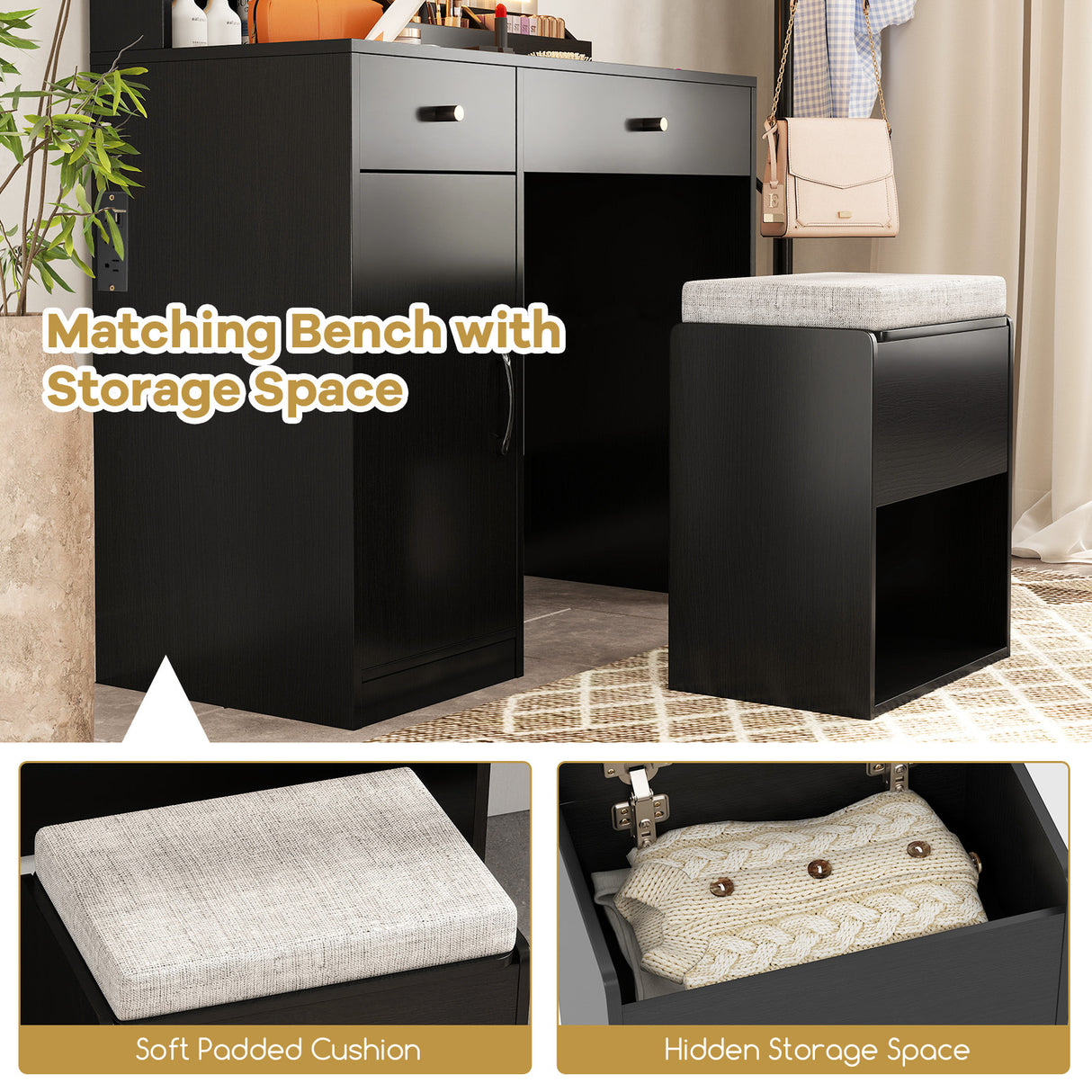 Vanity Dressing Table and Chair Set with Mirror and Lights-Black