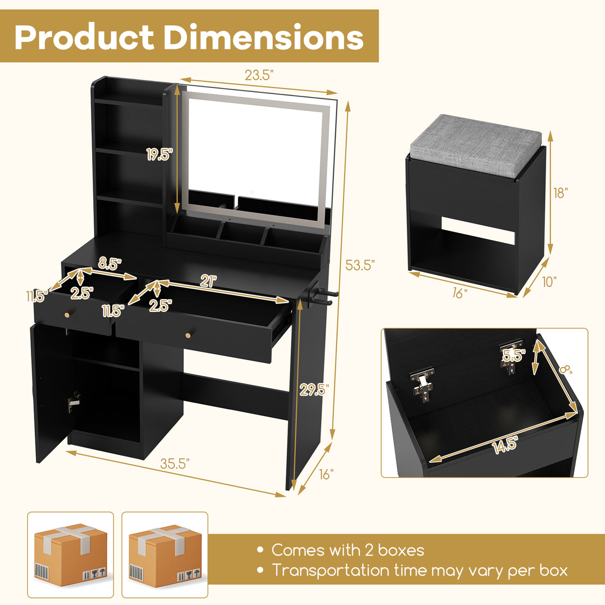 Vanity Dressing Table and Chair Set with Mirror and Lights-Black