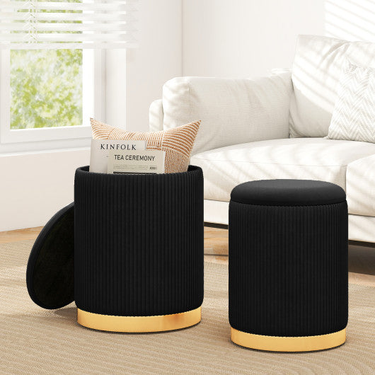 Velvet/Linen Fabric Storage Ottoman Set of 2-Black