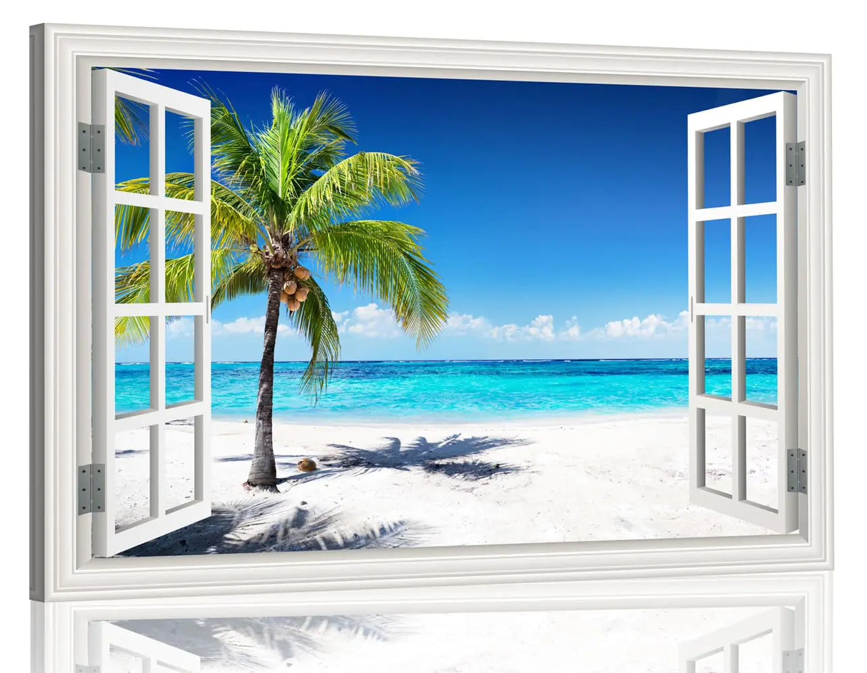 Ocean Wall Art Beach Picture for Living Room White Window Frame Style Palm Tree Art Print on Canvas Large Blue Sea View Painting Artwork for Bedroom Home Office Decoration Ready to Hang(32"×48")