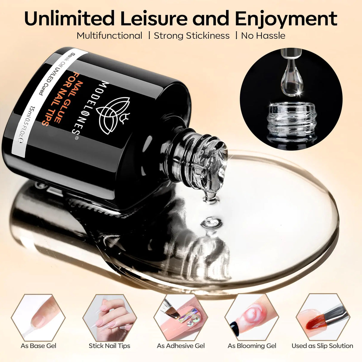 modelones 9 in One Nail Glue with Gel Top and Base Coat Gel Nail Kit, No Wipe Base Coat Long Lasting Glossy Top Coat 3Pcs Gel Nail Glue for Nail Tips, Blooming Gel, Rhinestone Glue A2-3pcs Nail Glue