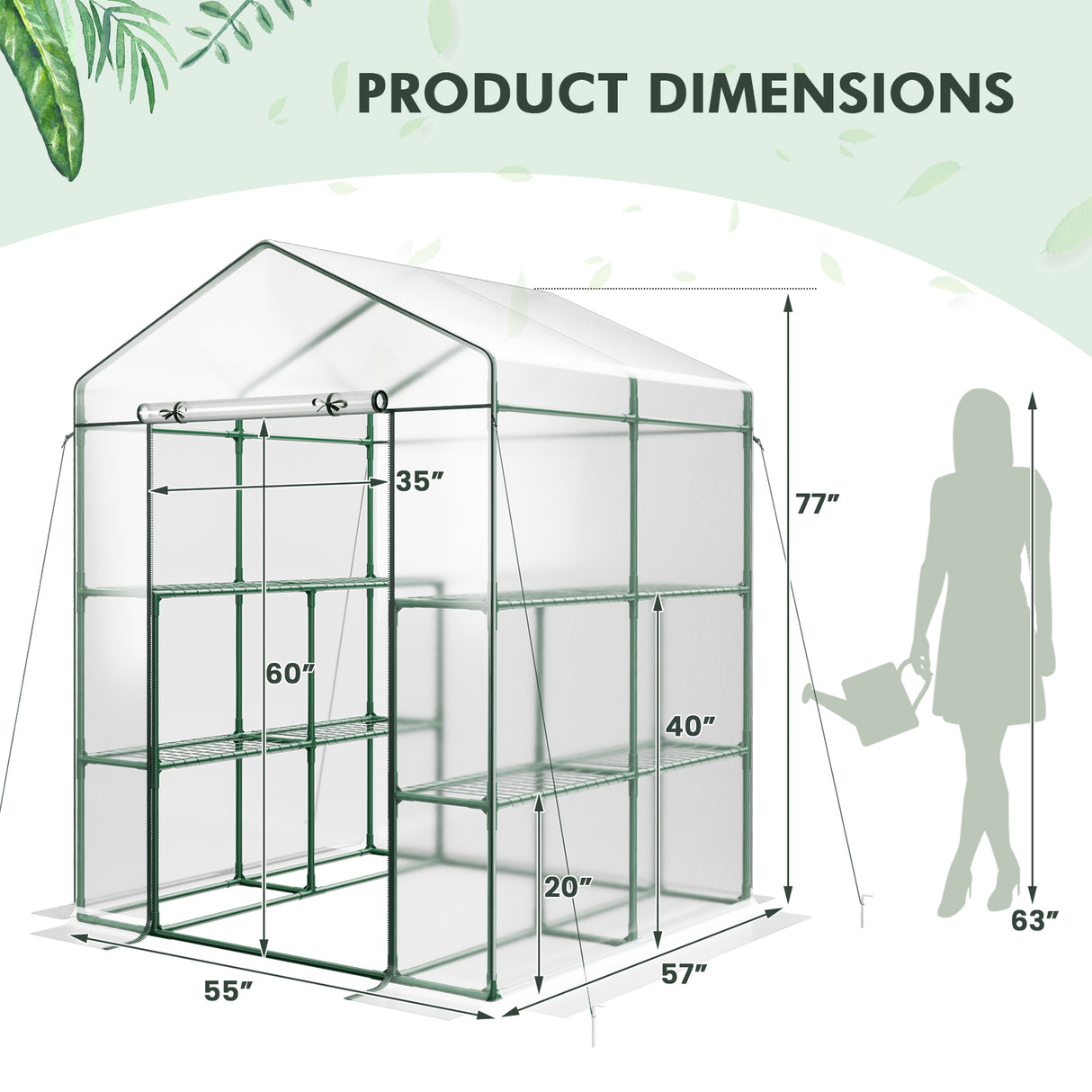 Walk-in Greenhouse with 3 Tiers 8 Shelves PVC Cover Roll-up Zippered Door-Transparent