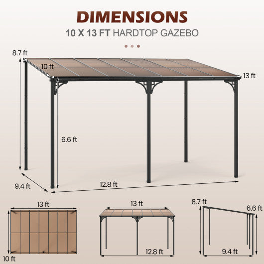 Wall-Mounted Patio Gazebo Large Outdoor Hardtop Pergola with Sloped Polycarbonate Roof-Black