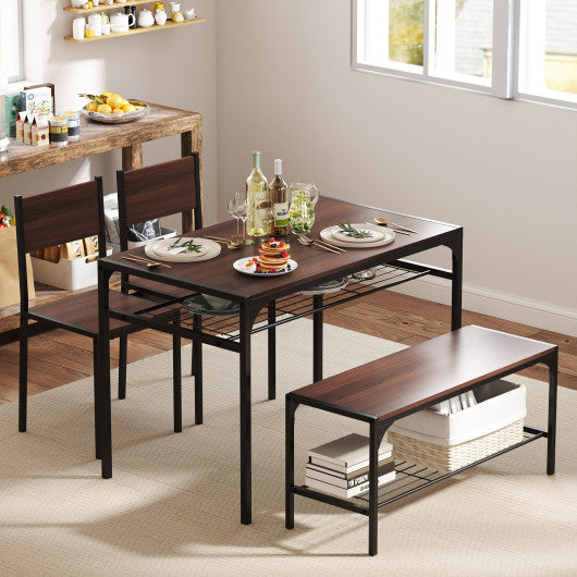 Industrial Style Rectangular Kitchen Table with Bench and Chairs-Walnut