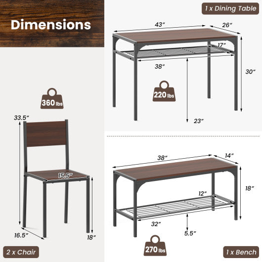 Industrial Style Rectangular Kitchen Table with Bench and Chairs-Walnut