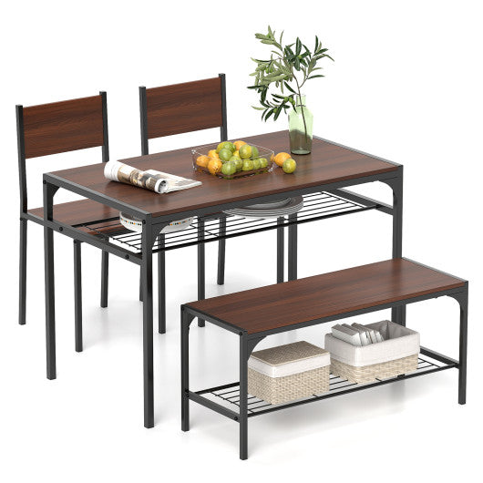 Industrial Style Rectangular Kitchen Table with Bench and Chairs-Walnut