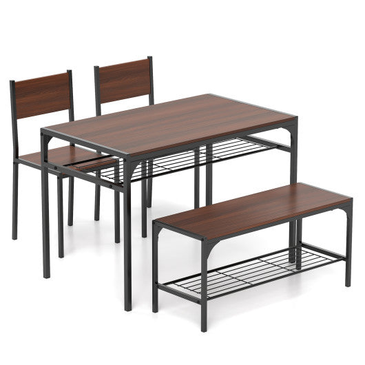 Industrial Style Rectangular Kitchen Table with Bench and Chairs-Walnut