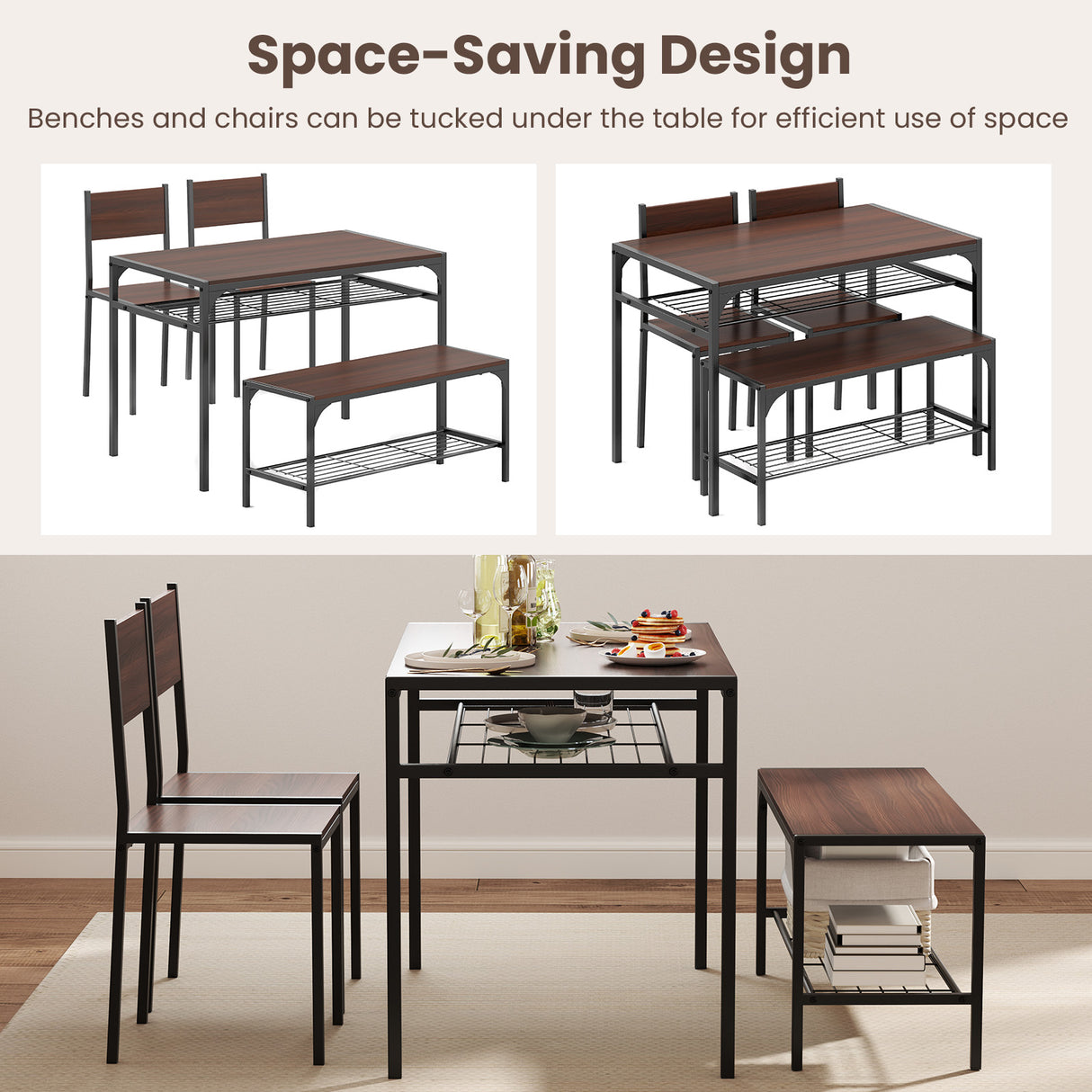 Industrial Style Rectangular Kitchen Table with Bench and Chairs-Walnut