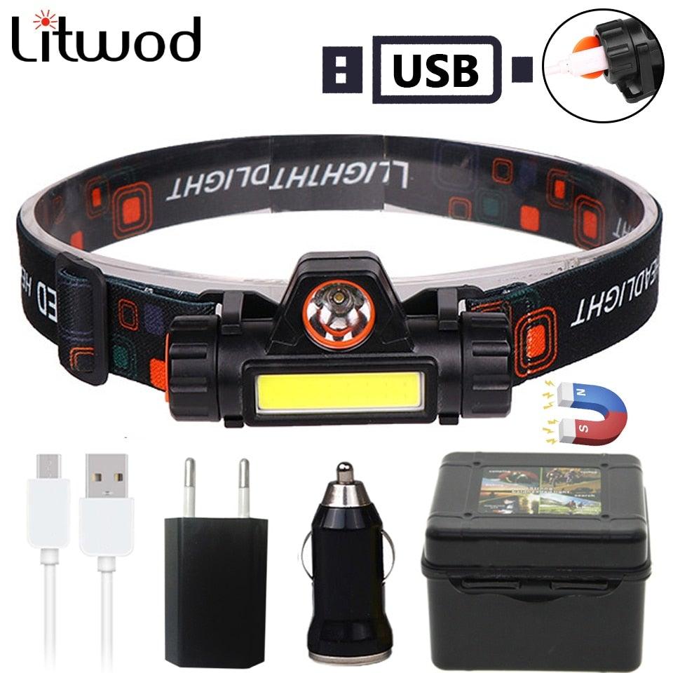 Waterproof 2 Light Mode USB LED Headlight With Magnet Rechargeable Headlamp Built-in 18650 Battery Flashlight COB Work Light For Outdoor Camping Cycling Fishing Headlamp Flashlight