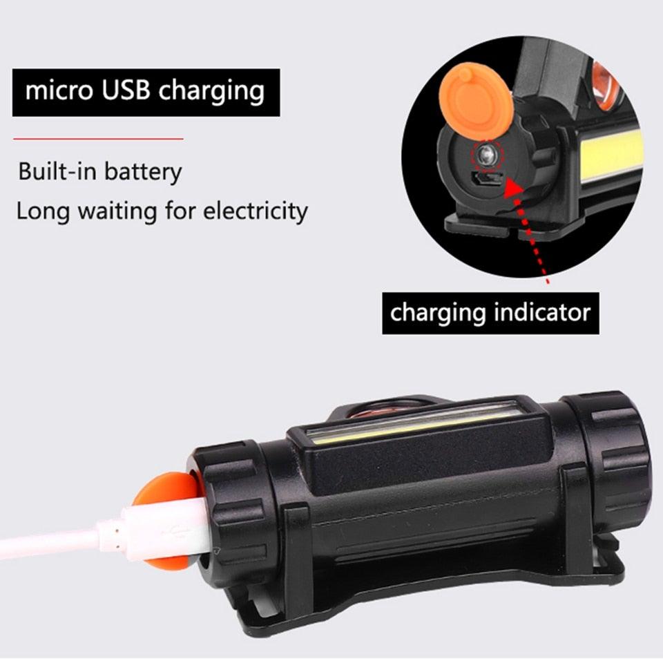 Waterproof 2 Light Mode USB LED Headlight With Magnet Rechargeable Headlamp Built-in 18650 Battery Flashlight COB Work Light For Outdoor Camping Cycling Fishing Headlamp Flashlight