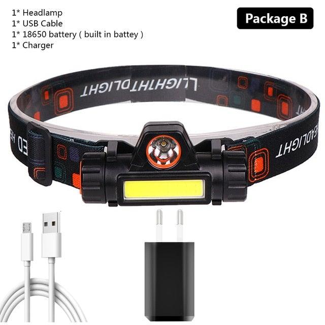 Waterproof 2 Light Mode USB LED Headlight With Magnet Rechargeable Headlamp Built-in 18650 Battery Flashlight COB Work Light For Outdoor Camping Cycling Fishing Headlamp Flashlight